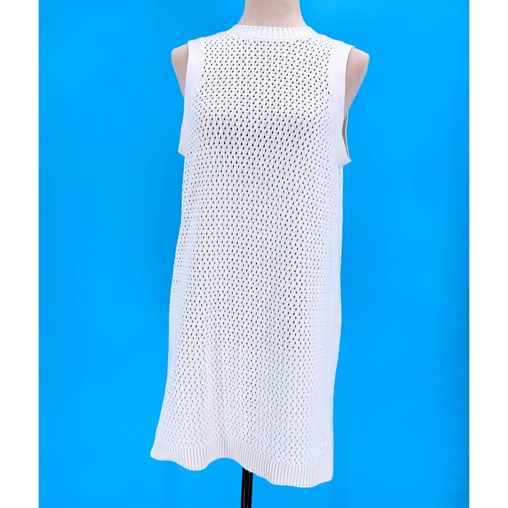 White Open Knit Pointelle Sleeveless Tunic Top Plunging V-Back Side Slits Small